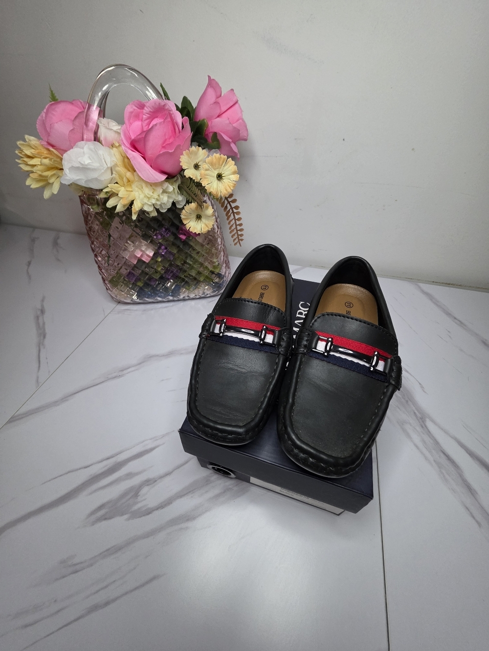 Kids Black Moccasins | Bruno Marc | 11C Black Moccasins with Red Accent